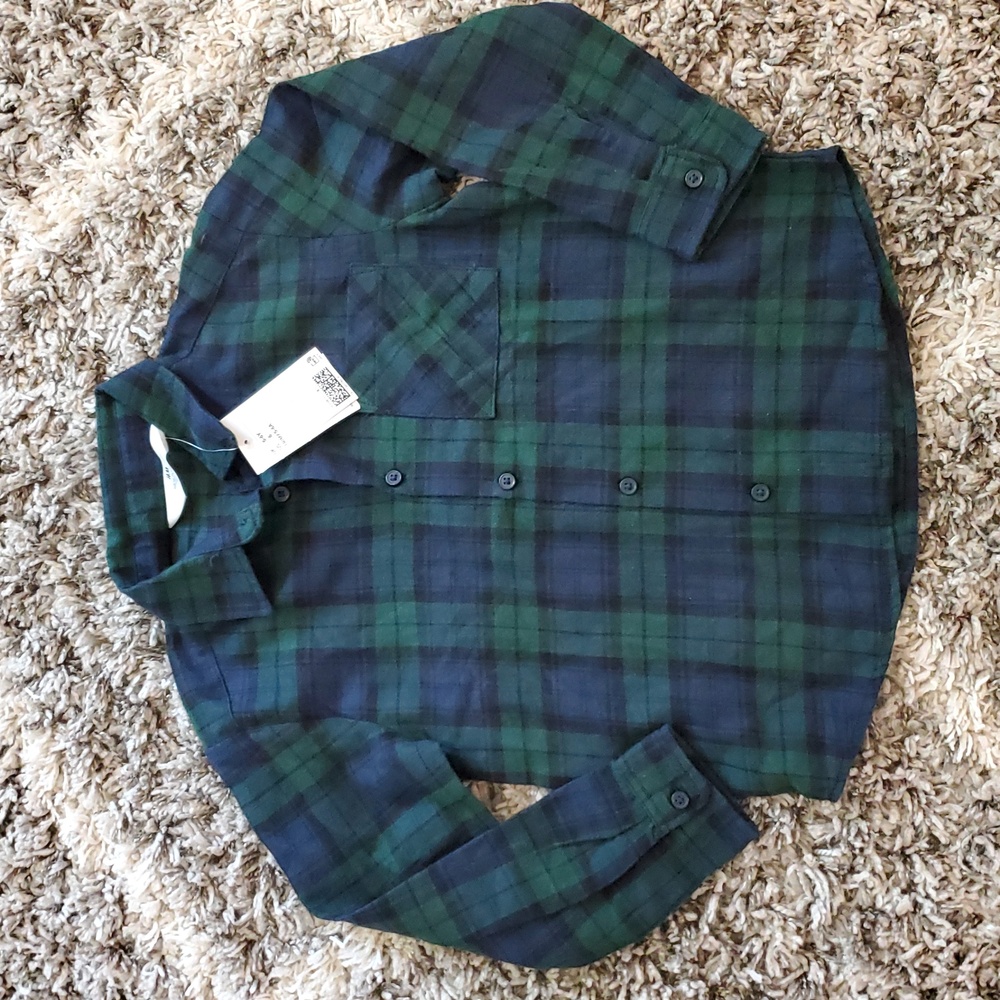 H&M Green and Blue Plaid Kids Button Down Shirt NWT